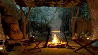 Passez une nuit dans une grotte de la forêt pluvieuse 8 heures- | feu crépitant et sons de pluie