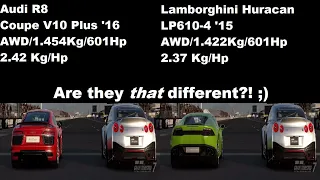 GT 7 drag race: Audi R8 Coupe V10 Plus '16 vs. Lamborghini Huracan LP610-4 '15