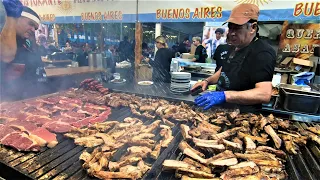 Huge Amount of Grilled Meat from Argentina. Asado, Steaks, Ribs, Sausages. Street Food