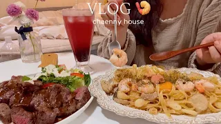 ENG) Vlog 🍝 Oil pasta, steak daily life, tteokbokki, hamburger, crystal light, Korean food, cooking