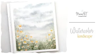 Watercolor landscape - meadow with chamomile
