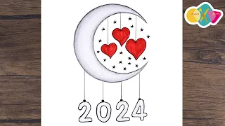 رسم سهل جدا رمضان كريم 2024 |تعلم رسم بالرصاص سهل بمناسبة العام الجديد | رسم هلال رمضان 2024