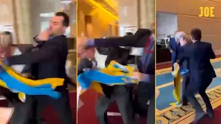 WATCH: Ukrainian delegate punches Russian delegate for ripping down flag at international summit