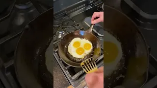 Fried eggs on a vintage Griswold cast iron skillet