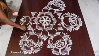 very easy flower rangoli with dots 11 * 6 dots rose kolam rose flower rangoli design simple rangoli