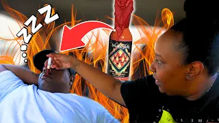 WORLDS HOTTEST HOT SAUCE PRANK ON SLEEPING  BOYFRIENDS LIPS!! *GONE WRONG*