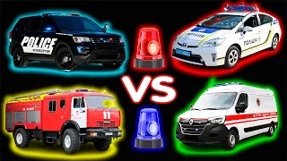 USA vs Ukraine Police, Fire Truck, Ambulance Siren Horn Sound Variations in 60 Seconds