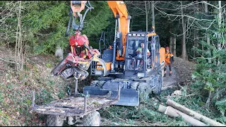 Bagger mit Prozessor beim Holz 🇨🇭🪓🌲 an der Seilbahn mit Forstunternehmen Bernet & Mathys Teil 3