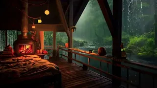 Retreat in Rainforest Oasis in Wooden Cabin with Fireplace, Rainstorm & Relaxing Piano Music | 1 Hr