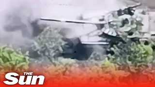 Moment Ukrainian tank blasts Russian tank near Zaporizhia nuclear plant