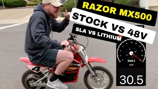 30+ MPH Razor MX500 Electric Dirtbike | Stock & SLA 48V & Lithium 48 Volt + 1800 Watt Vevor Motor