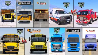 GIANT DUMP TRUCK VS AMBULANCE TRUCK  VS SCHOOL BUS IN GTA 5 VS TEARDOWN VS BEAMNG -WHICH IS BEST ?