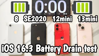 iPhone 13mini vs 12mini vs SE(2020) vs 8 Battery Drain Test || ios 16.3 Battery Drain Test!!