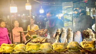 Popular Cambodian street food 2024 - At night Tasty various grilled chicken, fish, pork, duck & more