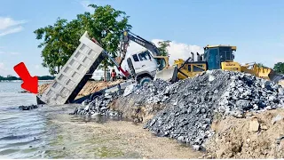 Amazing technique Skill Recovery Dump Truck Stuck in Deep water by Dozer Excavator & Loader