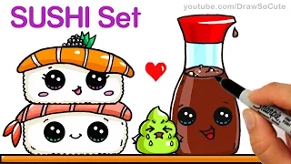 How to Draw Kawaii Sushi Easy - Sushi, Wasabi and Soy Sauce step by step Cartoon Food