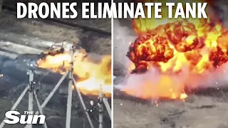 Dramatic moment Ukrainian suicide drone blows up £1m Russian tank leaving just a smouldering shell