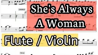 She's Always a Woman Flute or Violin Sheet Music Backing Track Play Along Partitura I Billy Joel