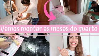 Vamos montar as mesas novas, Notícia do dia anterior, almoço e sobremesa, faxina no banheiro