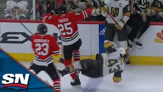 Blackhawks' Jarred Tinordi Levels Golden Knights' Paul Cotter On Zone-Entry Attempt