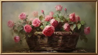 Vintage TV Art Roses Painting | Gold Framed TV Art | Art Screensaver for TV | 1 Scene - 2 Hrs