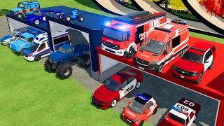 TRANSPORTING CARS, AMBULANCE, POLICE CARS, FIRE TRUCK, MONSTER TRUCK OF COLORS! WITH TRUCKS! - FS 22