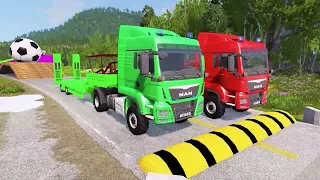 Double Flatbed Trailer Truck vs Speedbumps Train vs Cars Beamng.Drive #170 carry Nissan  , XC40