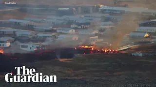 Buildings seen on fire after volcano erupts in south-west Iceland