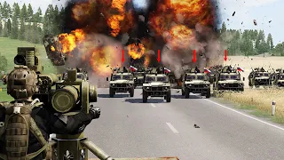 AT missile explodes on the top of a tank -  Large Russian convoy destroyed in Bakhmut city - ARMA 3