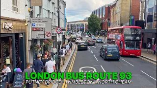 London Bus Ride from Putney Bridge to North Cheam via Wimbledon | A Suburban London Route - Bus 93 🚌