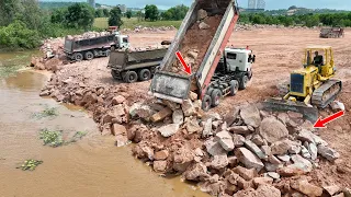 The Best Incredible Nice Impressive Clearing Lake, Powerful Bulldozer Pushing Large Stone into Water