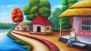 Beautiful Indian village houses drawing and painting | village painting