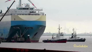 car carrier SERENITY ACE C6WY5 IMO 9391579 RoRo cargo ship timelapse outbound Emden 2 tugs & pilot