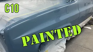 C10 Project:  Sanding, Taping, and Painting the Front Half of the Truck