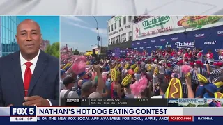 Joey Chestnut wins Nathan's Hot Dog Eating Contest after weather delay