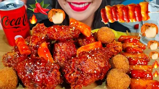 ASMR SPICY FRIED CHICKEN, CHEESE BALL, RICE CAKE + MINI SAUSAGE MASSIVE Eating Sounds