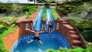 Build Swimming Pool With Two Water Slide Longest Around Secret Underground House