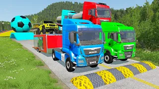 Double Flatbed Trailer Truck vs Speedbumps Train vs Cars | Tractor vs Train Beamng.Drive 050