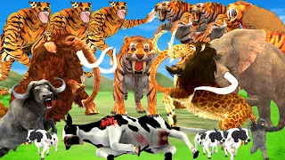 10 Monster Lion Mammoth vs 10 Giant Tiger Wolf vs 10 Zombie Cow Saved By Woolly Mammoth Elephant