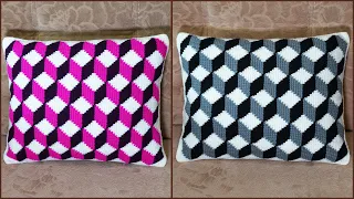 Tunisian crochet pillow with 3D pattern. Part 1.