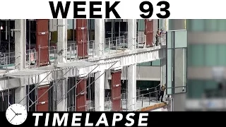 One-week construction time-lapse with 32 closeups: Ⓗ Week 93: Exterior glass, cranes, welders, more