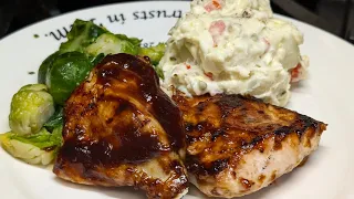 grilled BBQ chicken - potato salad and brussel sprouts - join us - Southern Cooking