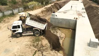 Interesting Project!! Small Bulldozer Pushing Sand Bury Drains With 5T Dump Trucks Loading Sand
