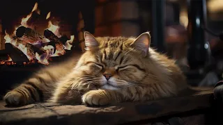 Purring Cat with Cozy Crackling Fireplace Sound🔥 For Deep Sleep, Healing Insomnia, Relaxing [ASMR]