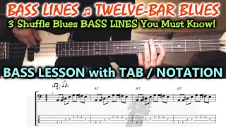 Blues BASS RIFFS Lesson TABS | 3 Bass Lines in A + Turnarounds) | TUTORIAL