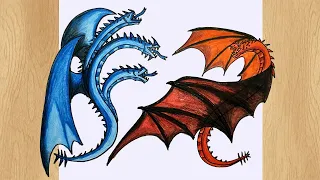How To Draw Three Head Ice Dragon VS Fire Dragon I Dragon Drawing Tutorial Rio Art Club