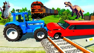 Tractor vs train Crash test 088 - Double Flatbed Trailer Truck Vs Speedbumps - Palworld Techno gamer