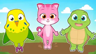 FIVE LITTLE BABIES with PETS 🐱🐢🦜 Turtle, Cat, Parakeet 🎶 Animal songs for kids