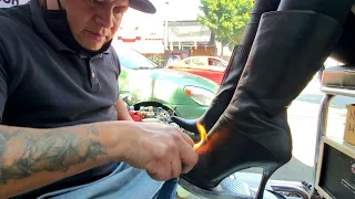 BOOTS ON FIRE 🔥 By Machine Man! Street Shoe Shine on BLACK LEATHER BOOTS in Mexico City 🇲🇽 ASMR