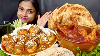 Eating Spicy Chicken Curry Egg Lababdar Laccha Paratha Romali Roti Rice Salad Cold Drinks Mukbang